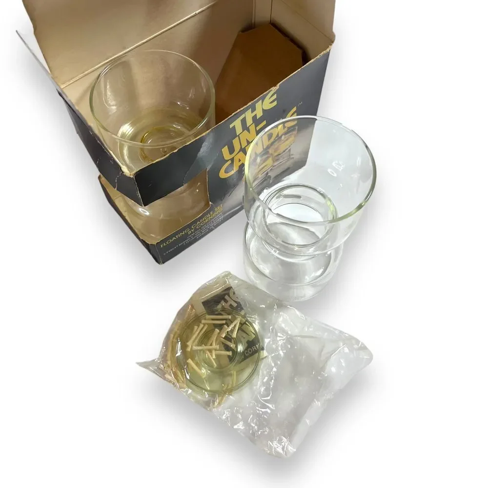 Corning #120 Retro 1976 Un-Candle Glass Pair w/ Wick Holders & 50‎ Wicks